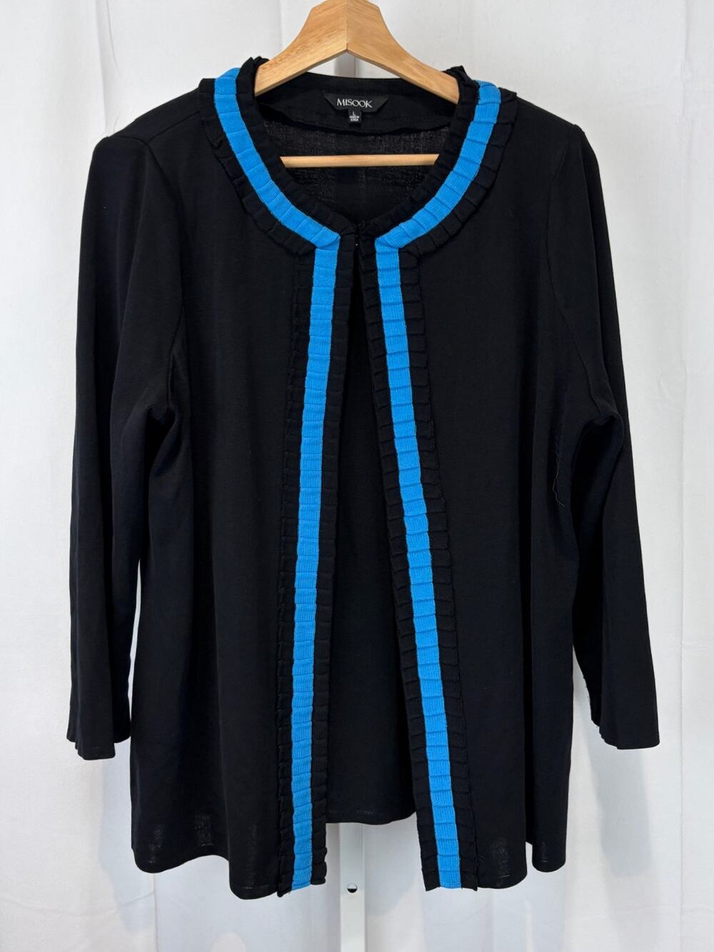 MISOOK Ruffle Pleat Sweater Jacket 3/4 Sleeve Sleek Knit Black Blue Size L